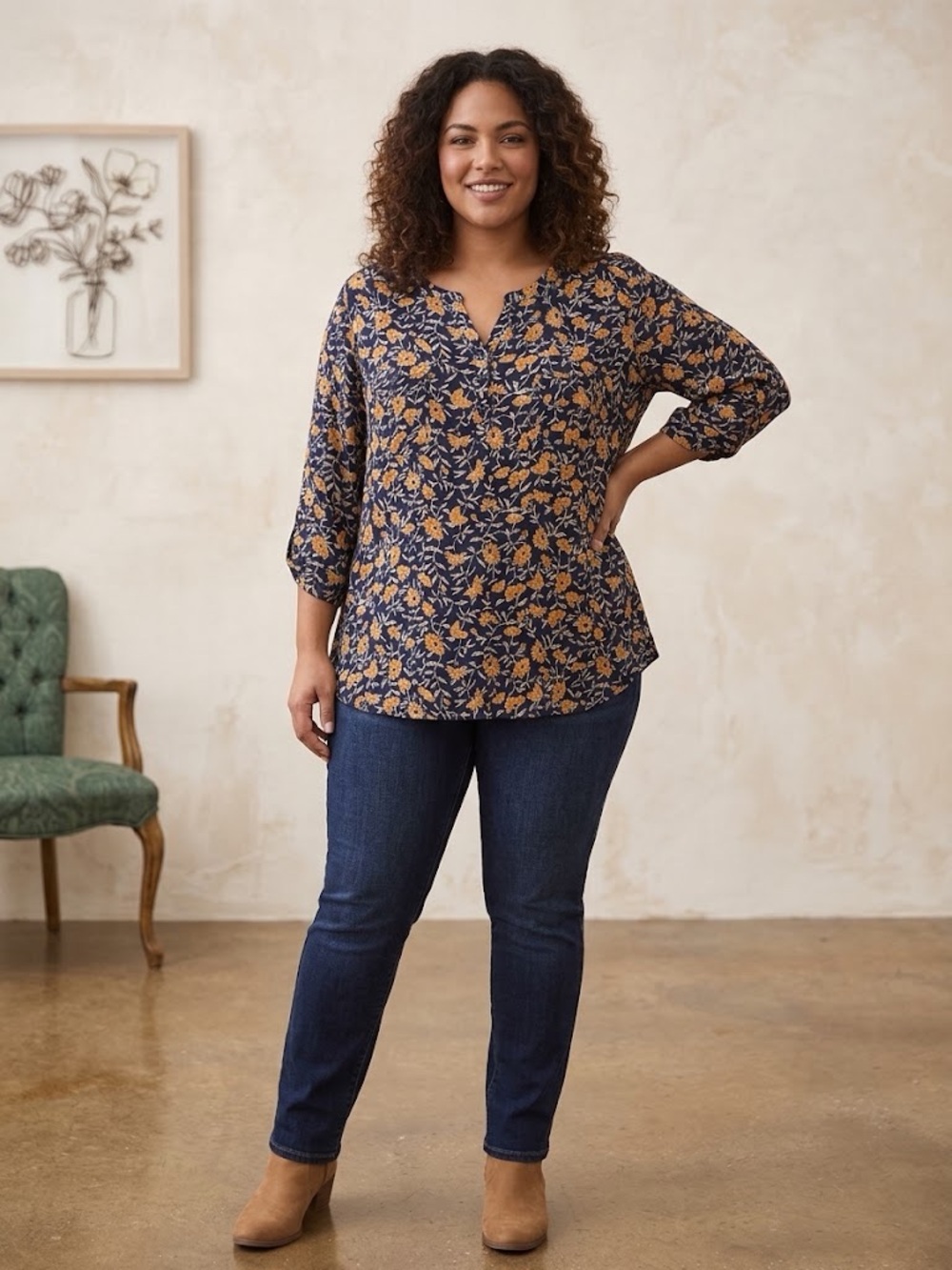 Navy Floral Split-Neck Blouse